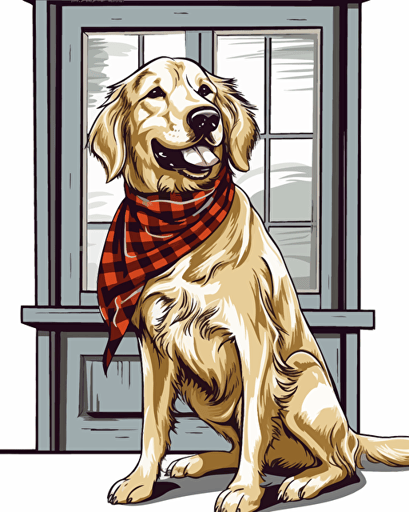 paint a golden retriever standing on its hind legs leaning against the wall inside of a nice house, wearing a bandana, vector art style, white background