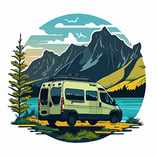 Create a scene at a campground by a lake with 2023 dodge promaster passenger van parked by the lake in the background. vector image. Trees and mountains with natural colors