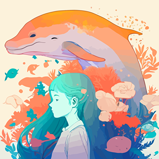 girl, Surrounded by flowers., A dolphin next to the girl, Tyndall light effect, Macaron color matching, Vector, A clean background, Gradient color, Modern minimalist illustration