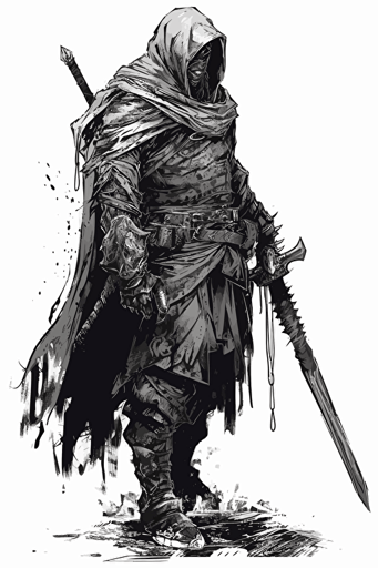 cloaked heavy armor fighter with greatsword and longbow on white background, vector, illustration