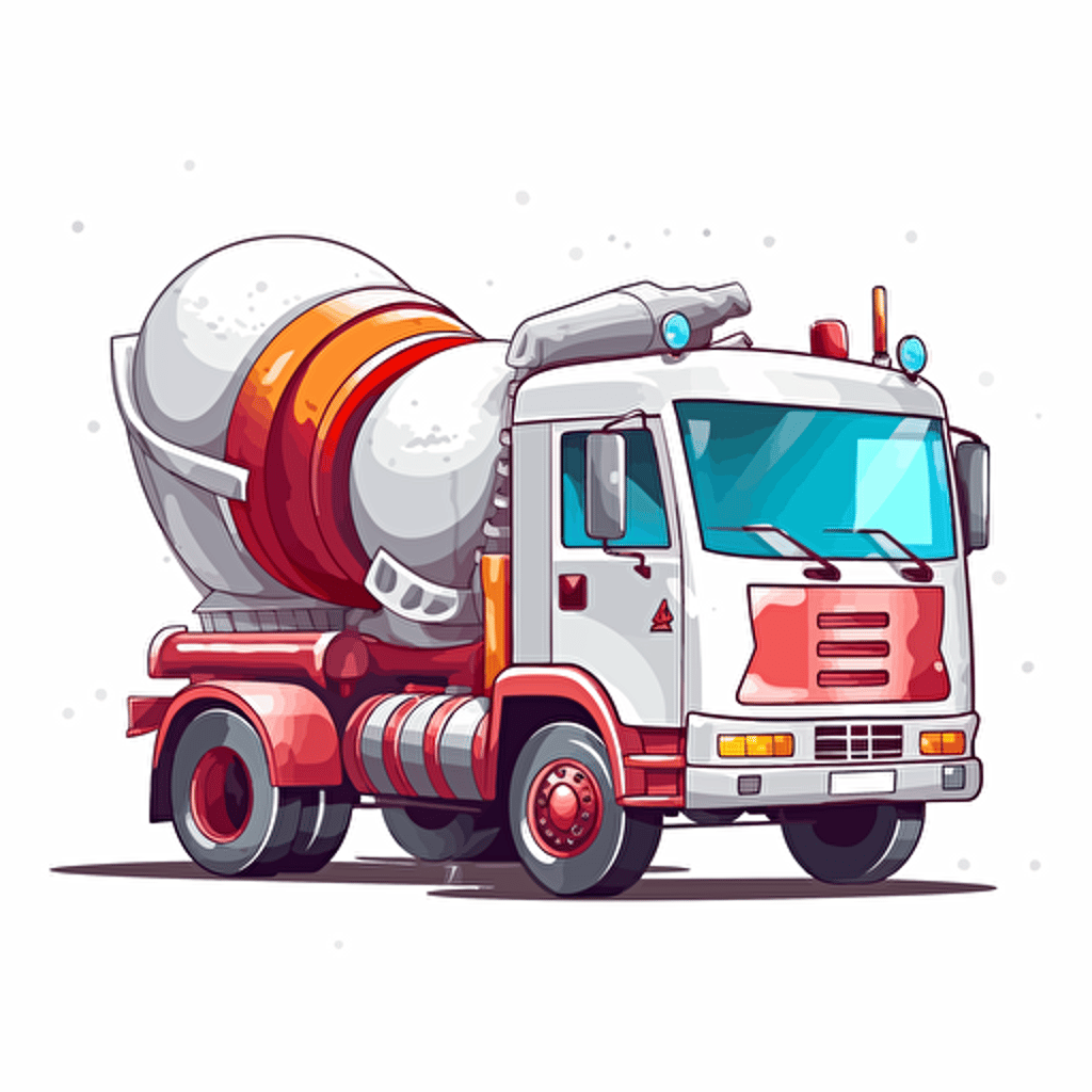 concrete mixer truck, 2D vector style, cartoon, white background, side view