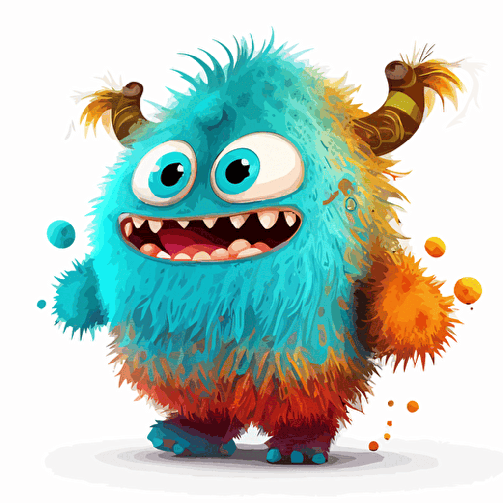 A saturated colorfull baby fur monster, goofy looking, smiling, white background, vector art , pixar style
