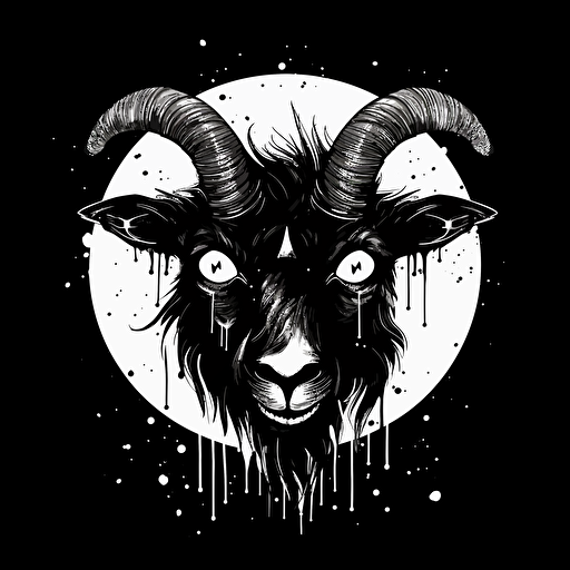 flat vector logo, black and white, ink style, black moon, goat eye, three black tears