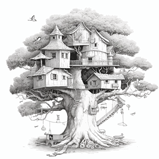 White, no color, cartoon vector drawing of a big tree with a tree house, birds, simple, low detail,
