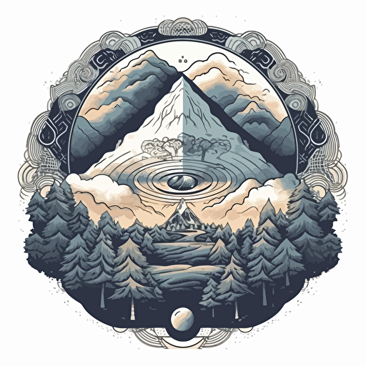 rolling distant mountains and sporadic giant trees, tiny campsite hidden, atmospheric clouds vector doodles ilustration minimalistic sacred geometry in a circular pattern, angelic, dynamic lighting,