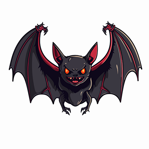 vector illustration of a black bat with wide, outstretched wings, perfectly proportioned wings, the bat's eyes are crimson red, the mouth reveals fangs::