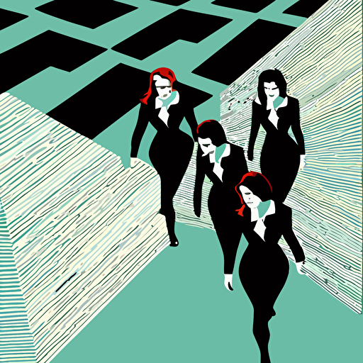 Four women in business suits climbing carpet floor, vector illustration