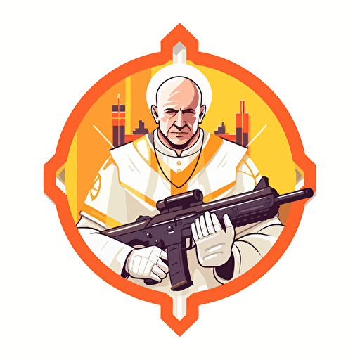 2D vector icon. Pope with a machine gun. Arsenal FC logo color theme and shape. White background