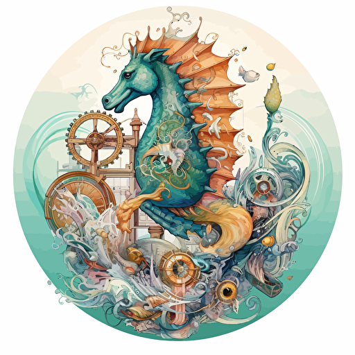 round up design with digital illustration of sea horse, magic world inspired by Studio Ghibli, vector illustration, intricate details, unreal engine, extremely high detailing, sharp, white background