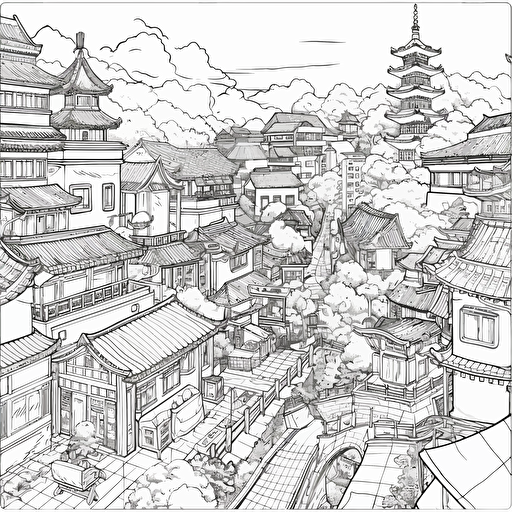 DND Fantasy. Japanese Style City. No Shadow. Cartoon. Coloring page. Vector. Simple.