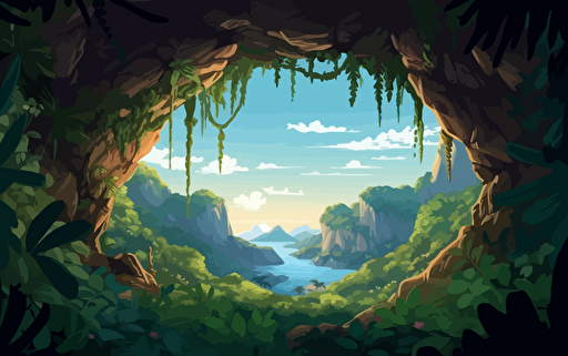 Looking out from the inside of a tropical cave, filled partially with vines and flowers, looking out into a vast landscape of lush jungle trees covered in vines and leaves with mountain peaks in background with the sun shining through the clouds high quality cartoon style warm lighting early morning vibe vibrant early spring dramatic lighting vector illustration