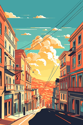 Lisboa , illustration, bright lighting, summer vibrant colors, blue sky, sun in sky, faint wispy clouds, front view, flat,vector