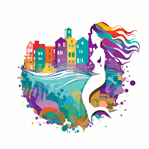 colorful mermaid swimming through the bad part of a city, vector logo, vector art, emblem, simple cartoon, 2d, no text, white background