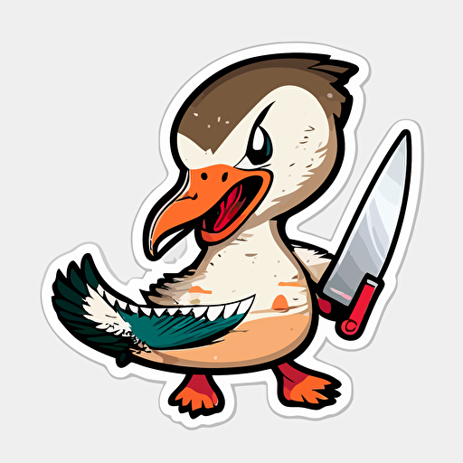 goose with knife in mouth, angry, colorful, sticker, vector, kawaii, white background