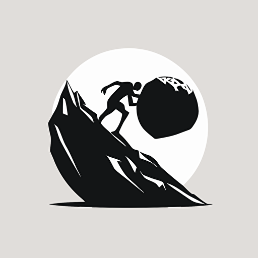 minimalist, pictoral iconic logo of sisyphus pushing rock up a hill, black vector on white background