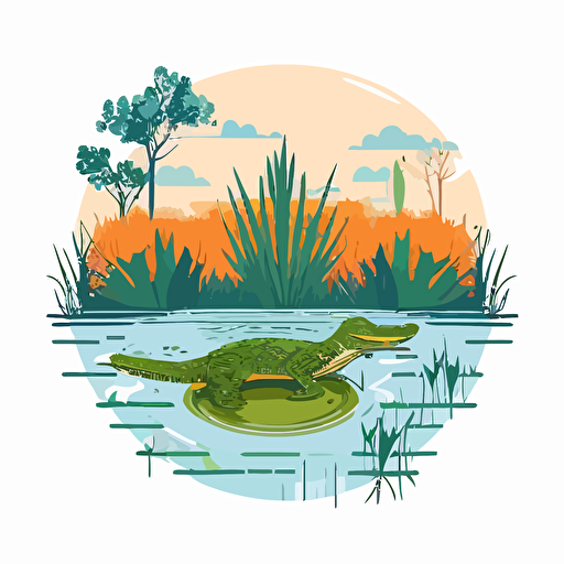 minimalist, bright, emblem of everglades landscape, alligator swimming in water, vector file