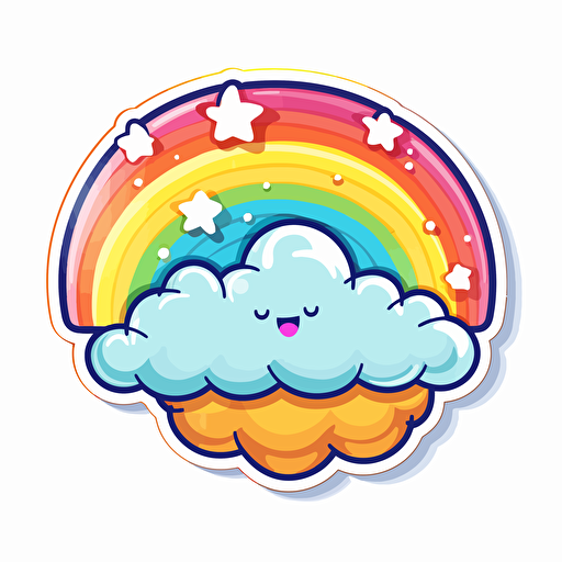 A bright and cheerful sticker that features a vibrant rainbow with clouds on either end., Sticker, Adorable, Tertiary Color, Cartoon, Contour, Vector, White Background, Detailed