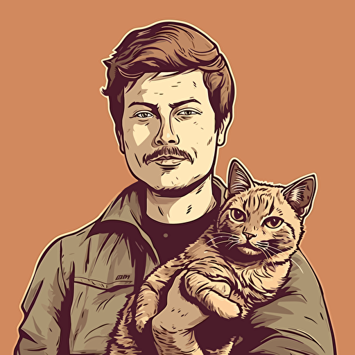 vector art style 28 year old white guy holding a cat, in the style of Micheal Parks