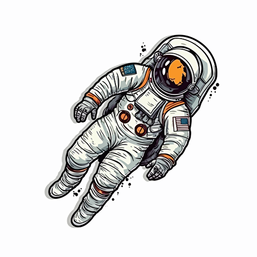 An astronaut flies into space, sticker, cartoon, white background, smooth, vector