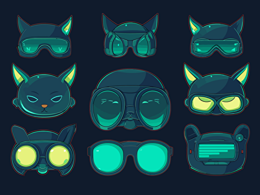 game sprite sheet of futuristic sci-fi goggles for space-cats, collection sheet, 2d game sprite, asset store 2D flat cartoon drawing vector