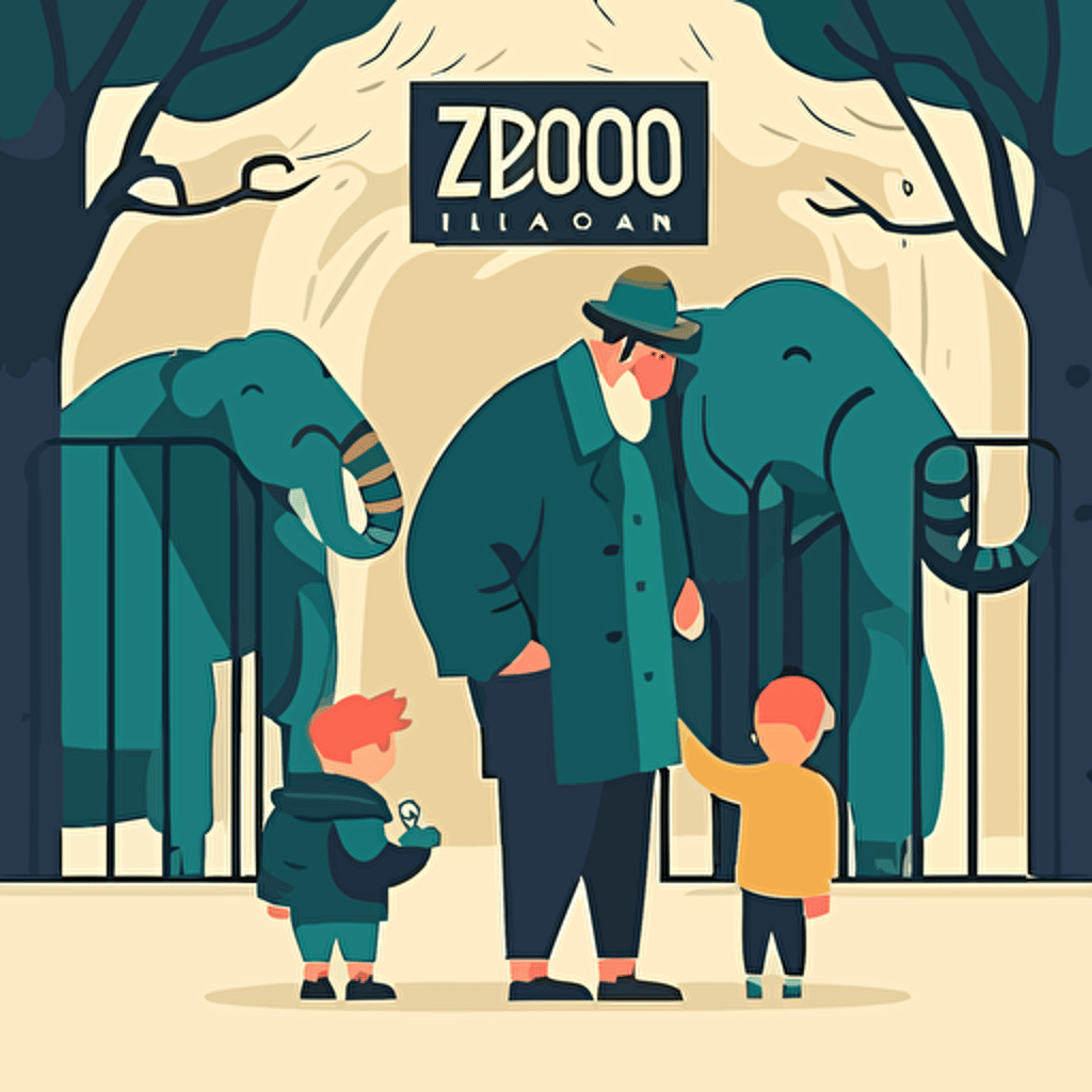 little boy visiting zoo with his father, children's book cover, zoo entrance, flat colors, 2d, vector