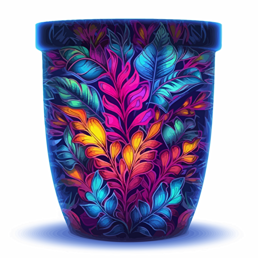 plant pots, surrounded by elegant leaf motifs, 2d vector, neon colours, epic composition, vector design on the edges of the image