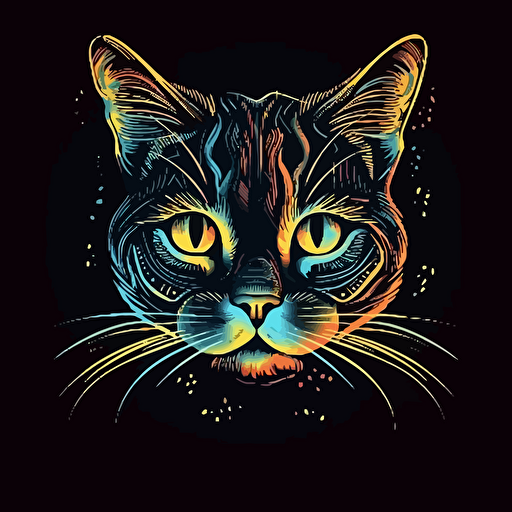 vector, neon cat, retro, black background