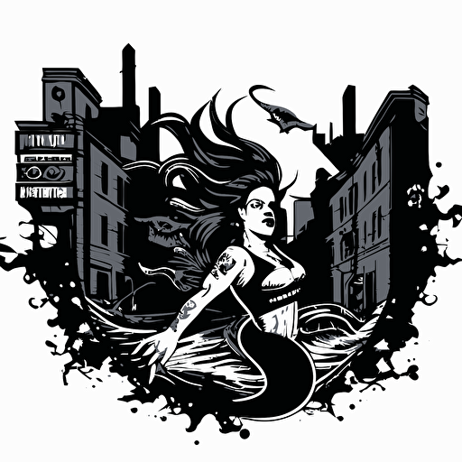 punk rock mermaid swimming through the bad part of a city, vector logo, vector art, emblem, simple cartoon, 2d, no text, white background