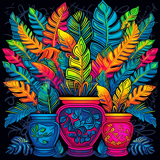 plant pots, surrounded by elegant leaf motifs, 2d vector, neon colours, epic composition, vector design on the edges of the image