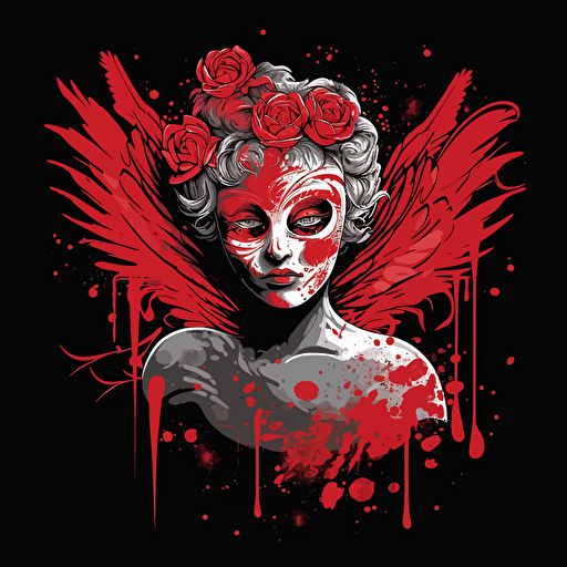 cupid wearing an ornate ski mask. Red paint splatter. Drawing. Vector image. 16k . Black background