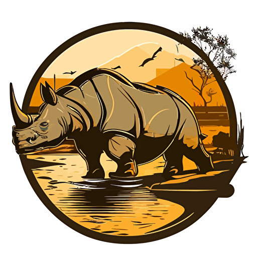 a stylize circle logo of a bulletproof rhino crossing a river. 2d vector art.