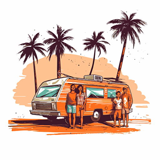 vivid color vector drawing of camping camper van, karavan, with a happy family, beachside, close to the sea, palms, on white background