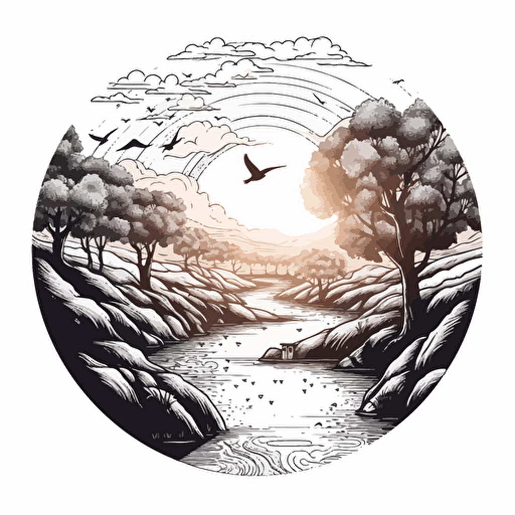 2d vector outline illustration of a hand silhouette, inside of the outline a nature scene filled scene