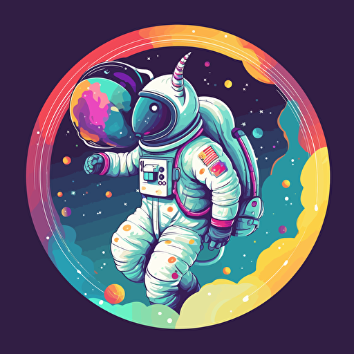 anthropomorphic unicorn in an astronaut suit riding a rainbow in space, vector style. design in circle. transparent background