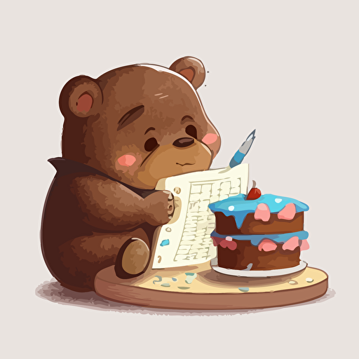 a vector image of a cute bear eating cake and looking at his pay check. in the style of pixar