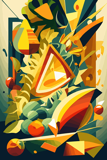 mango and hops explosion, inferno, Neo-Cubism, layered overlapping geometry, geometric fauvism, layered geometric vector art, maximalism; V-Ray, angular oil painting