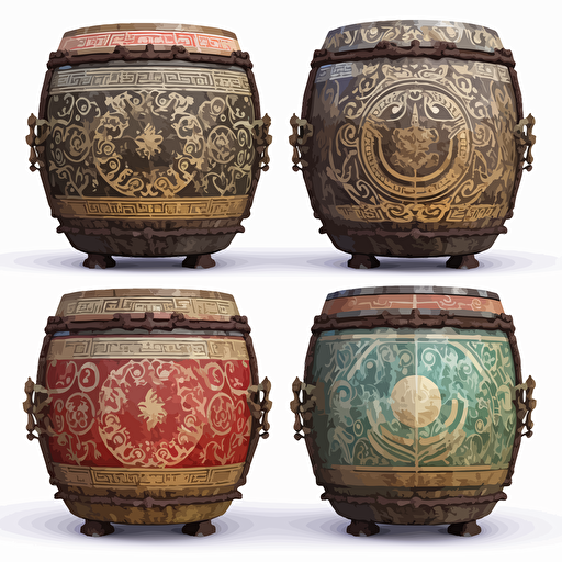 Chinese minority and Zhuang bronze drums with decorative patterns, flat surfaces, and detailed vector images