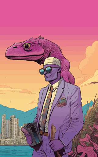 flat vector book cover design by moebius showing painted wallpaper hawaii background to a pink anthropomorphic gecko salesman wearing a battered worn suit