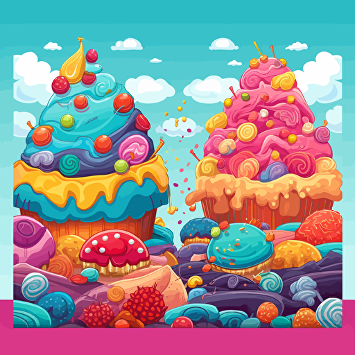 Design me a colorful background with candy and cakes for match 3 style games, 2d vector, illustration