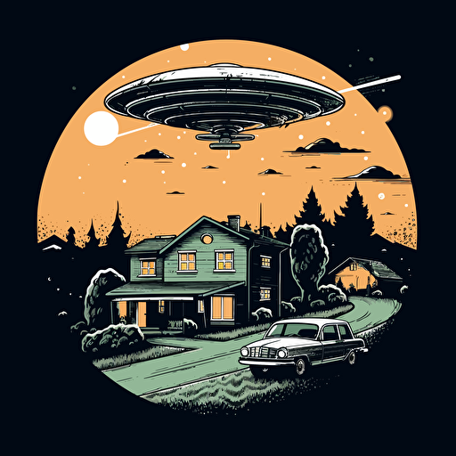 ufo delivering pizzas design, suburban night scene, retro, 2d, vector, white background