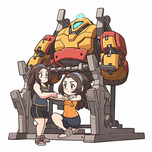 A giant robot is helping an anime girl inspired by K-on to do barebell bench press with four plates, empty background, in the style of japanese animation, bright color, simple design, no background, empty background, wearing sbd gear outfit, facial expression displayed a strained expression, sweat dripping from the furrowed brow, toungue is out