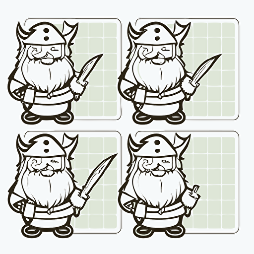 vector image white sheet with dwarf stickers, thick outline, 4 rows of 4 stickers