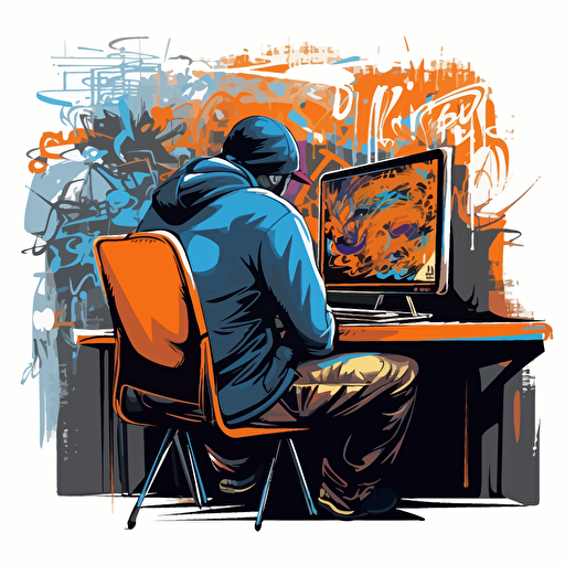 a vector image looking from behind a college teacher who is using a computer, blue and orange and dark gray, graffiti style
