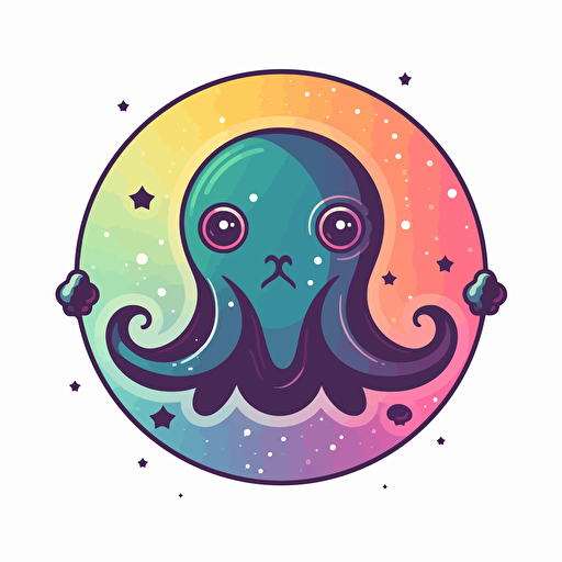 flat 2d vector logo of a cute octopus, muted rainbow, 80s,galaxy-inspired