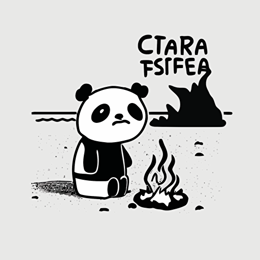 beach with panda, fire, coffee shop cute starbucks logo cartoon, minimal, line, NO COLOR, one line, black ink, vector, white background