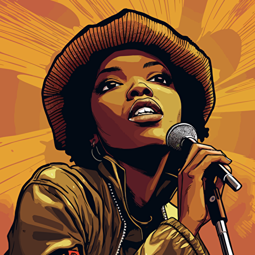 Rapper Lauryn Hill transformed into a comic book superhero drawn by the renowned Adam Hughes. The artwork features Lauryn in a powerful and dynamic pose, while rapping into a microphone on stage. The illustration is highly detailed, with intricate linework and vibrant colors that create a sense of depth and texture. Lauryn's costume is inspired by traditional superhero designs, with a modern twist that reflects her unique style and personality. The atmosphere is intense and dramatic, with a sense of action and adventure that captures the spirit of superhero comics. Adam Hughes' expert craftsmanship ensures a visually stunning and thrilling illustration that will delight any fan of Lauryn Hill or superhero comics. vector