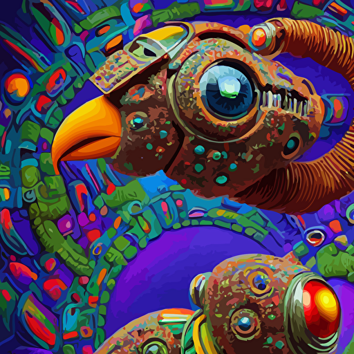 portrait robot parrot cobblestone psychedelic neural tiki reptile god naoto hattori dan mumford android jones chris dyer deep bold colors galactic dmt entity depth field intricate beautiful painting billions details octane render portal 8 k detailed vector trending artstation cgisociety