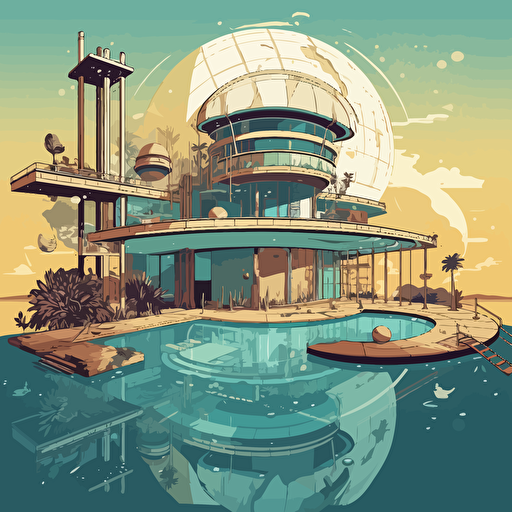 vector, solarpunk, building with a pool