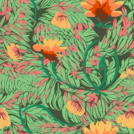 green leaves and pink flowers in the summer; vector seamless background, in the style of deep green and orange pink exaggeration, flowerpunk,