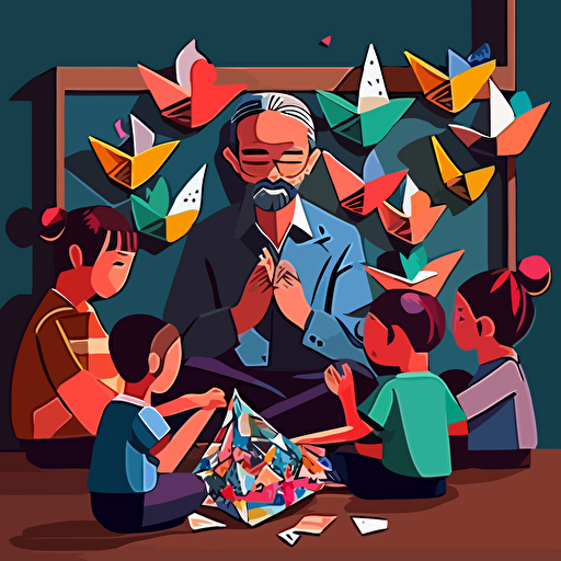 Influenced by the Japanese art of origami, create a vector illustration of Satoshi Nakamoto teaching a group of children how to fold paper cranes in a brightly decorated classroom. Set the scene during a fun and educational workshop.